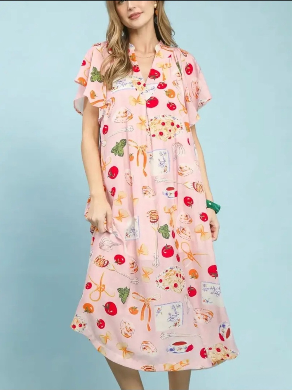Umgee Pink Printed Flutter-Sleeve Midi Dress